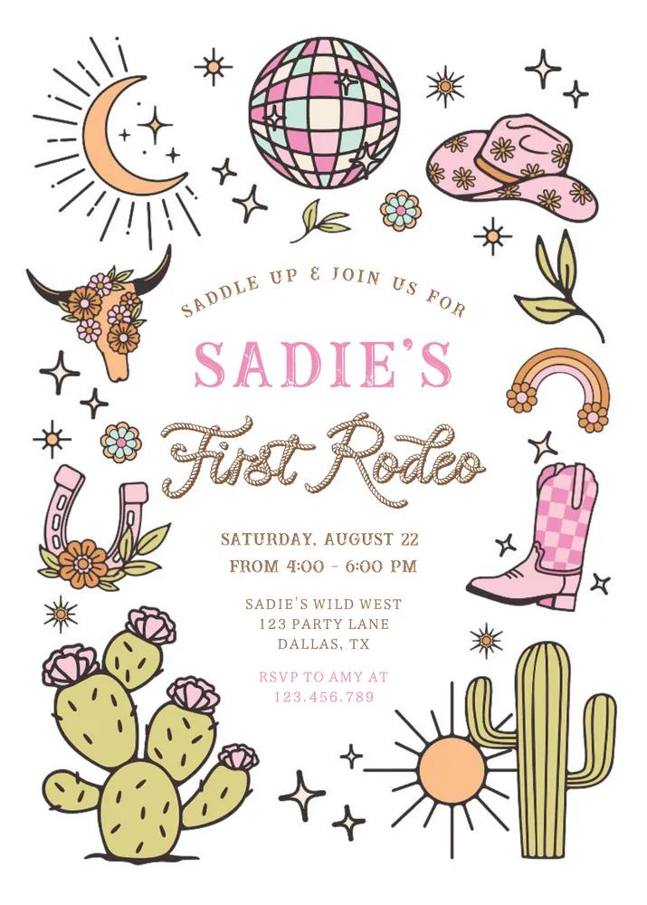 First Rodeo Cowgirl Birthday Invitation - Editable Canva Template Wild West