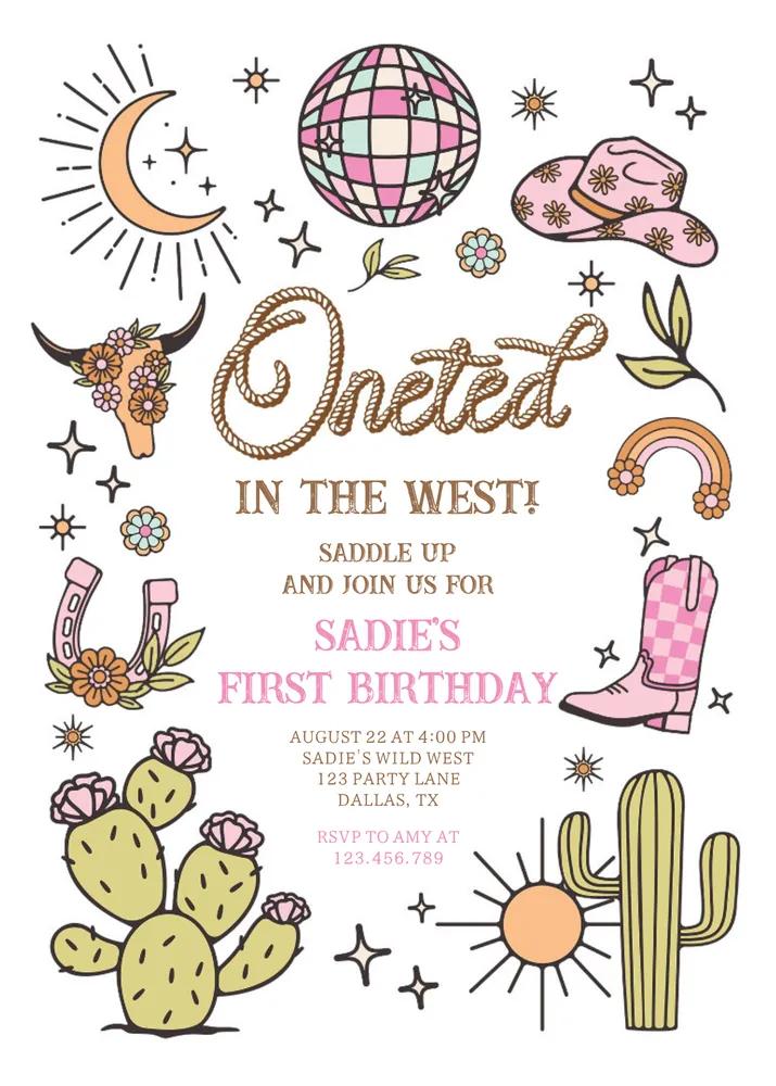 Wanted In The West Disco Cowgirl First Birthday Invitation Canva Template