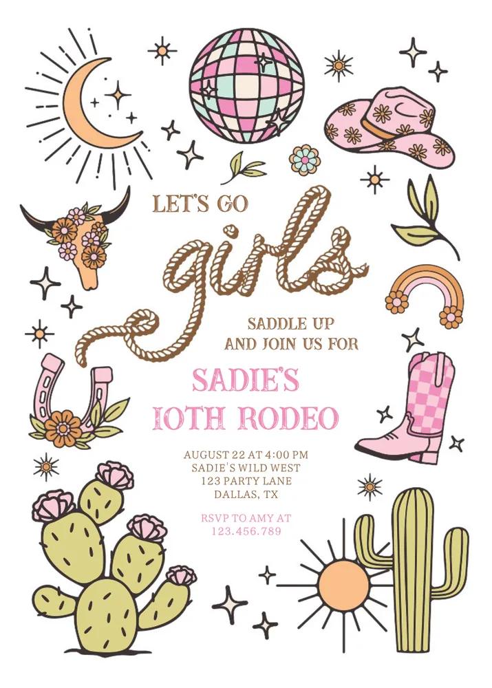 Retro Disco Cowgirl Birthday Invitation Canva Template - Lets Go Girls Rodeo