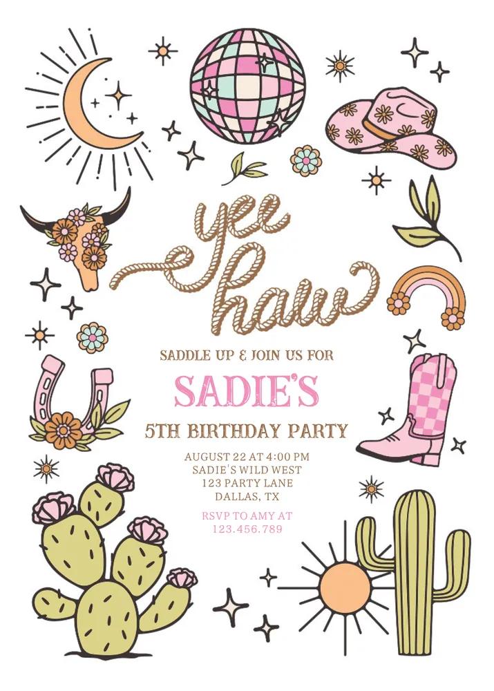 Retro Disco Cowgirl Birthday Invitation Canva Template | Yee Haw Rodeo Party