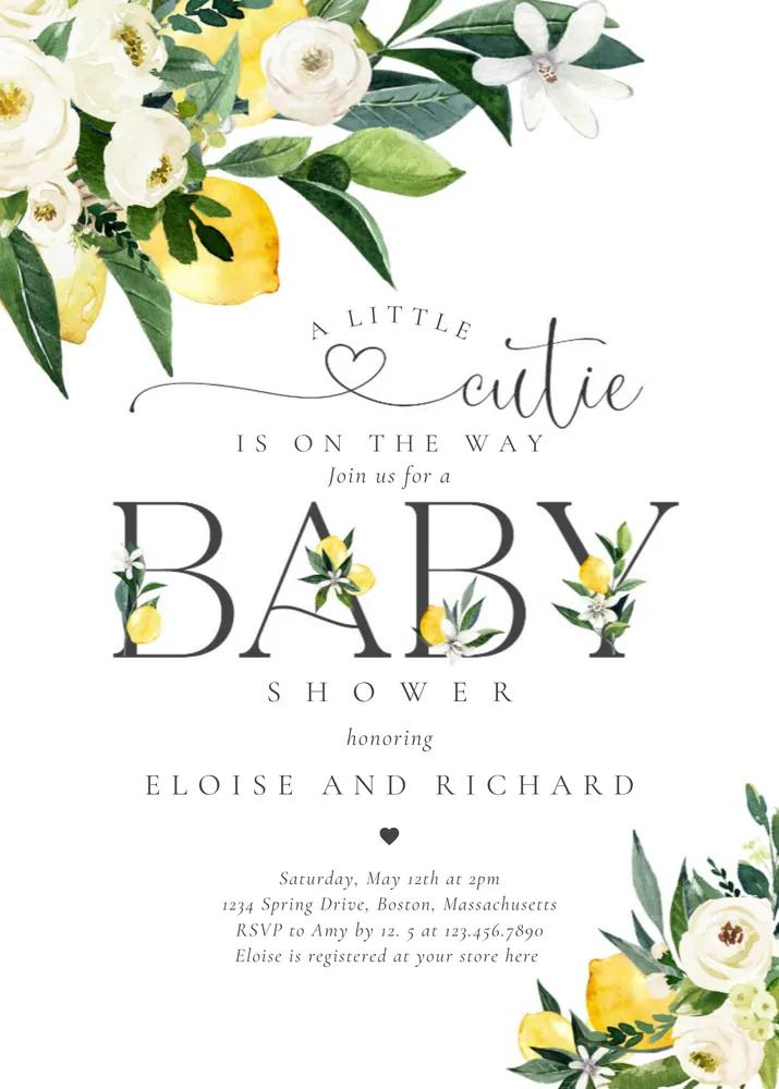 Lemon Citrus Mediterranean Botanical Baby Shower Invitation Canva Template