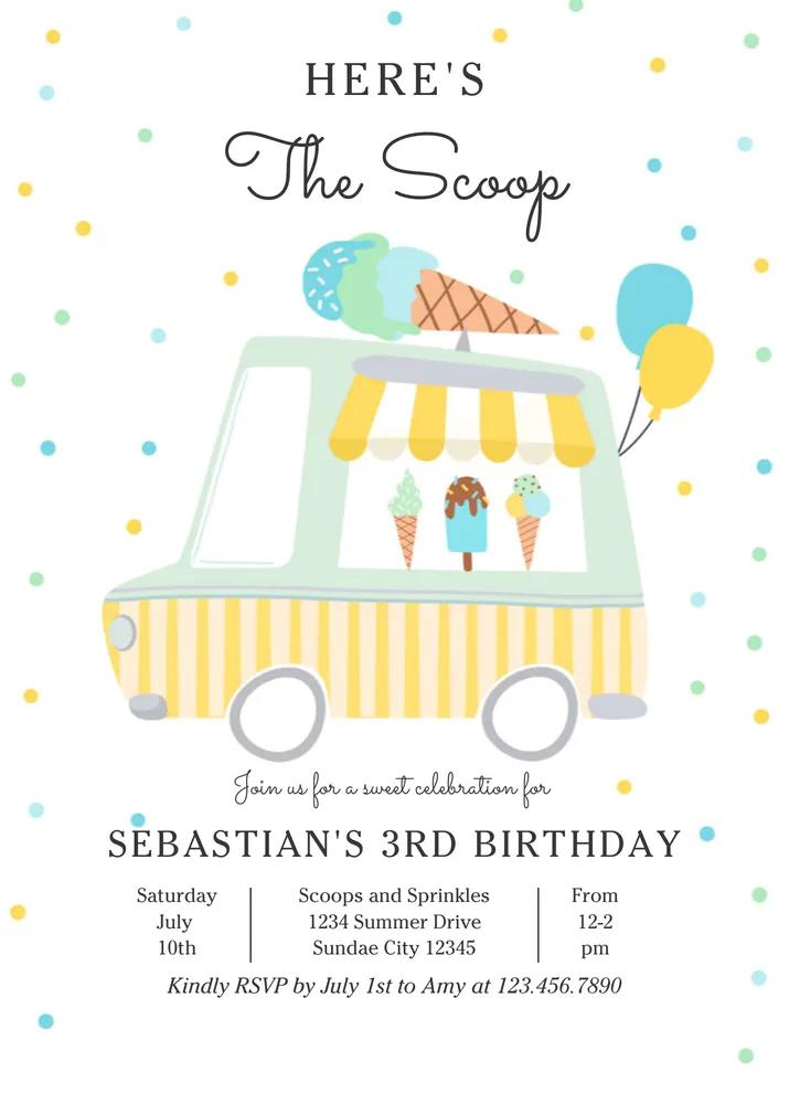 Boy Ice Cream Truck Birthday Invitation Canva Template - Heres The Scoop