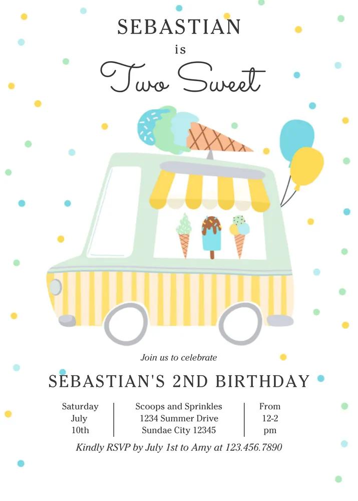 Boy Ice Cream Truck Two Sweet 2nd Birthday Invitation Canva Template