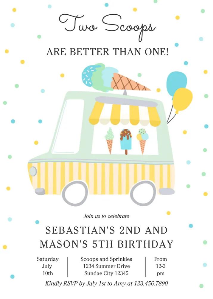 Ice Cream Two Scoops Are Better Than One Birthday Invitation Canva Template