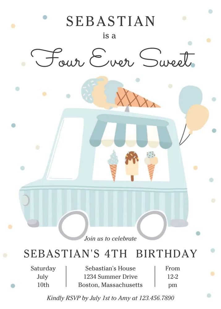Boy Ice Cream Truck 4th Birthday Invitation Template - Four Ever Sweet Editable