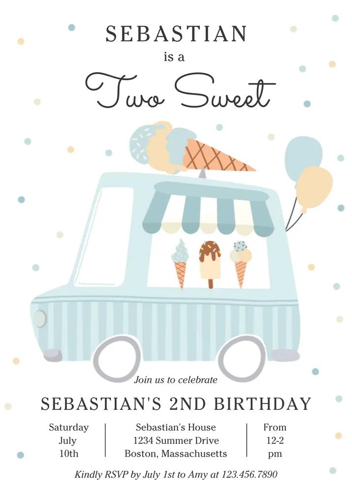 Blue Ice Cream Truck Two Sweet 2nd Birthday Invitation Canva Template