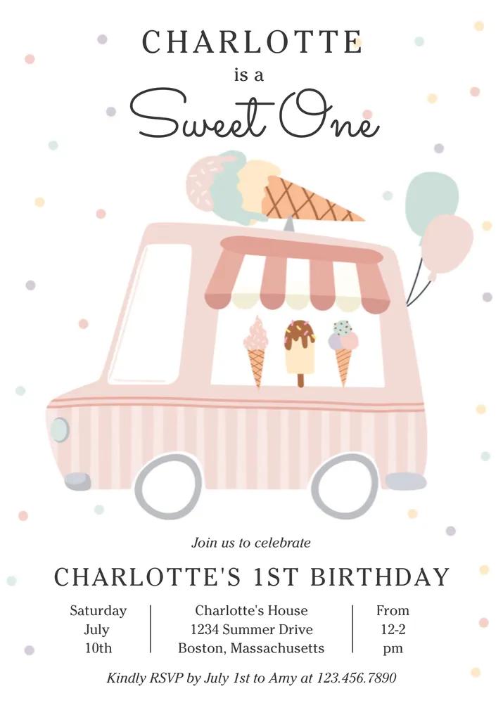 Pink Ice Cream Truck Sweet One 1st Birthday Invitation Editable Canva Template