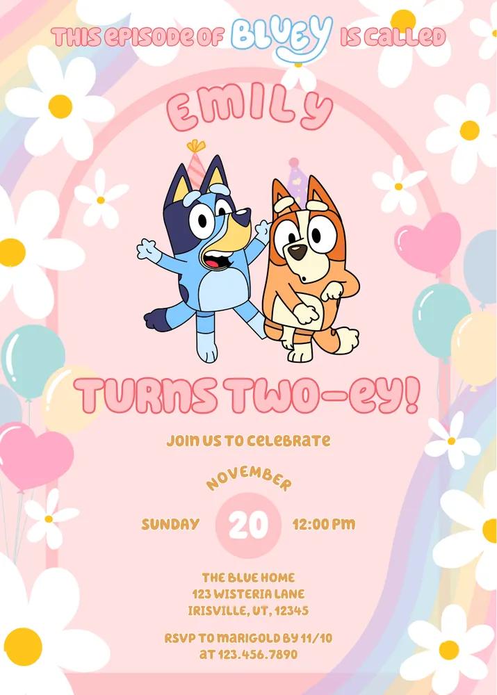 Bluey Pink Daisy Birthday Invitation | Editable Canva Template Instant Download