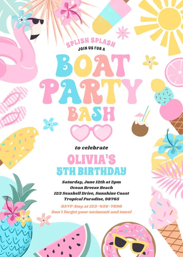 Tropical Boat Birthday Invitation Canva Template - Nautical Lake Ocean Party