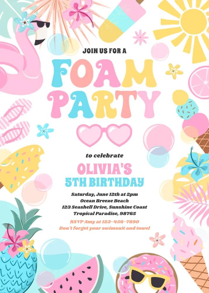 Tropical Foam Pool Splash Pad Birthday Party Invitation Canva Template