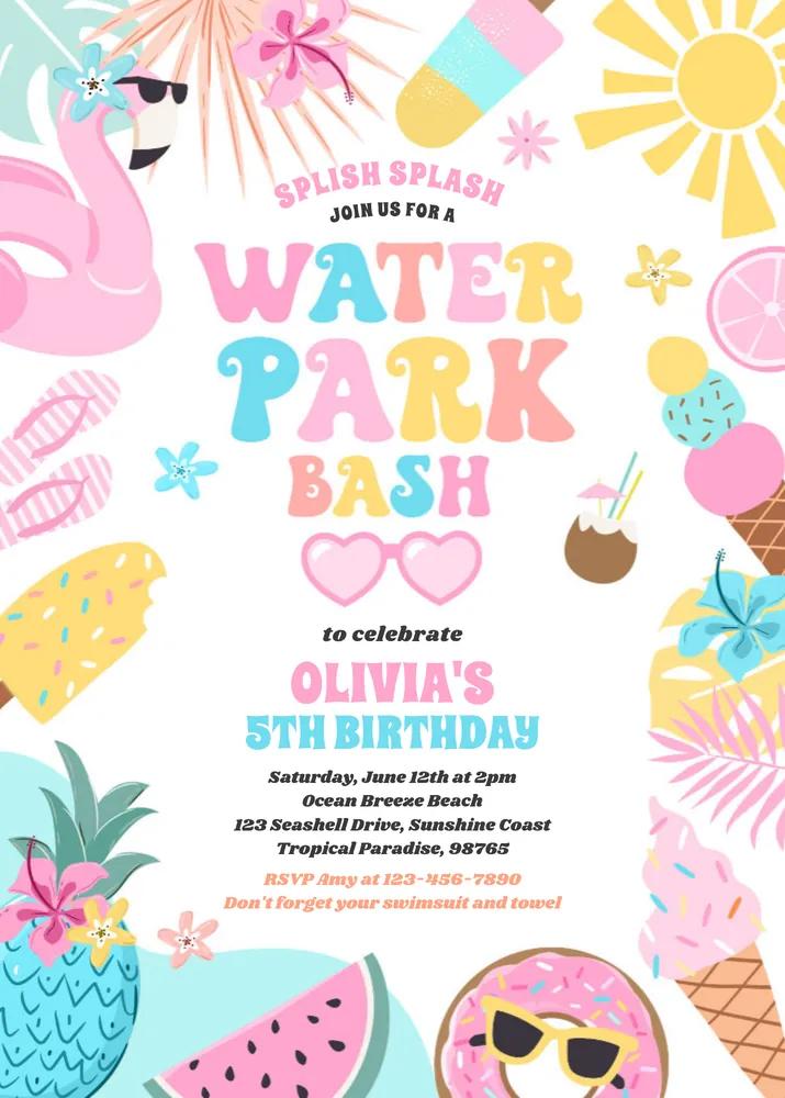 Tropical Water Park Summer Birthday Party Invitation Canva Template
