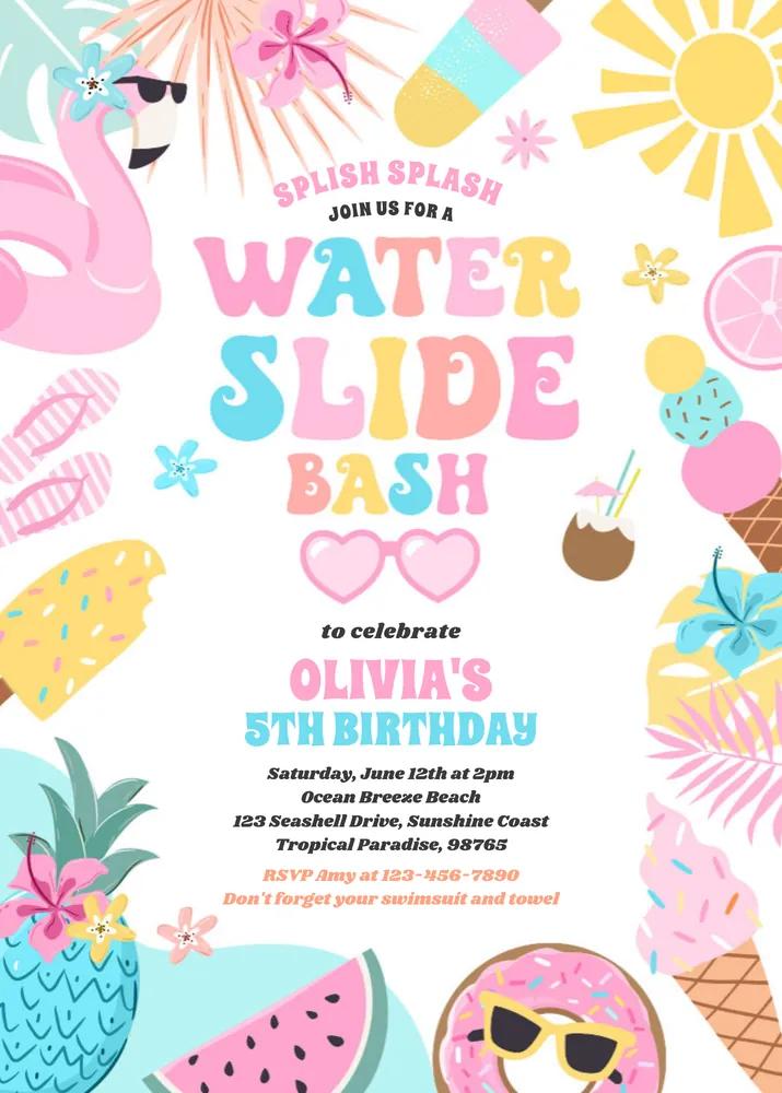 Tropical Water Slide Birthday Invitation Template - Summer Pool Party Canva