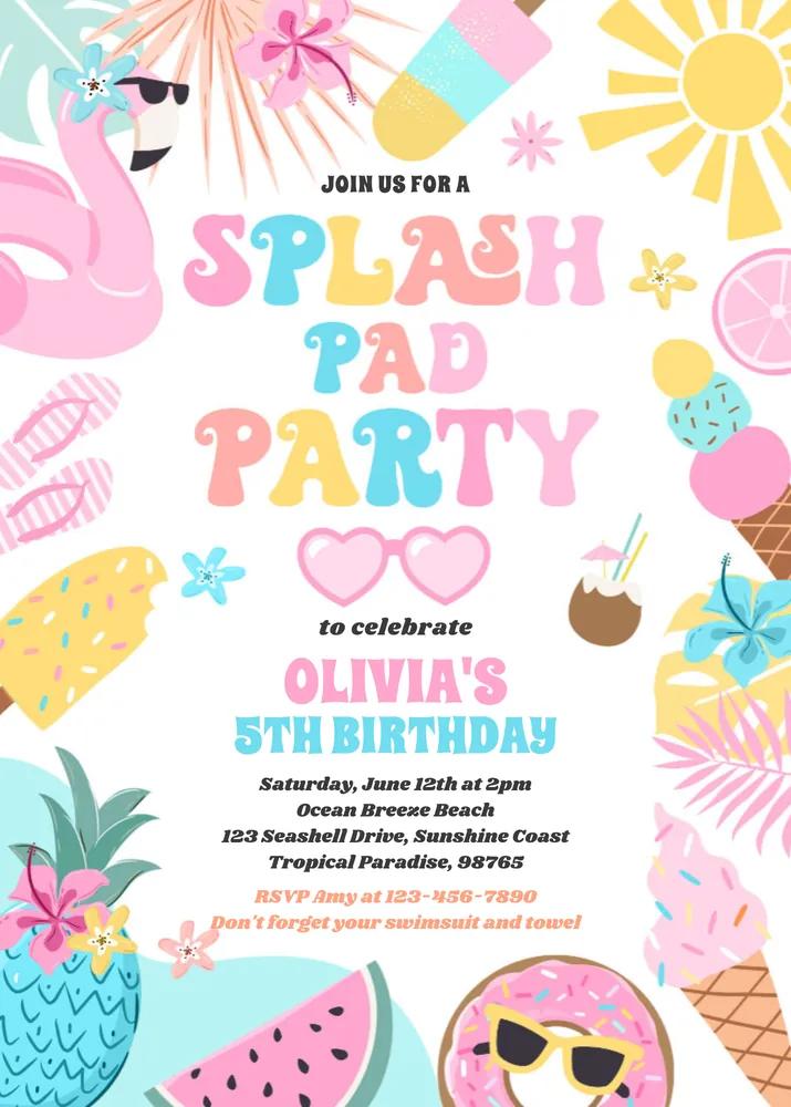 Tropical Splash Pad Birthday Invitation | Editable Canva Template Summer Party