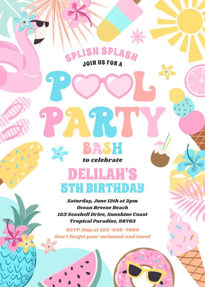 Editable Tropical Pool Party Invitation Template - Summer Birthday Canva DIY