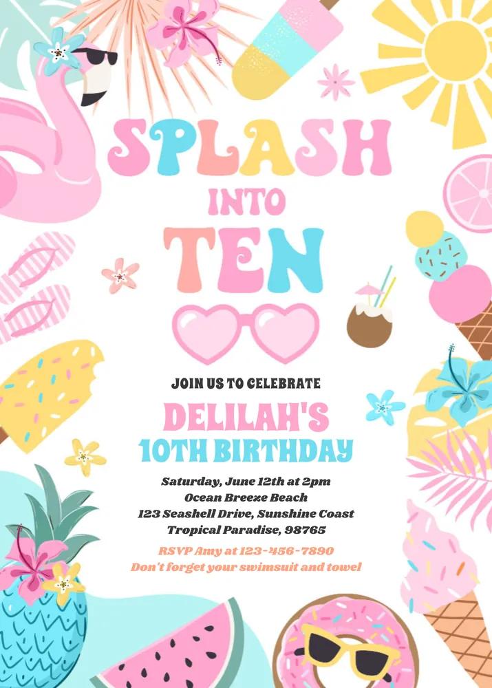 Splash Into Ten Tropical Beach 10th Birthday Invitation Canva Template
