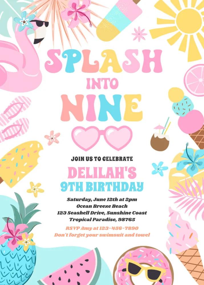 Splash Into Nine Tropical Beach 9th Birthday Invite Canva Template
