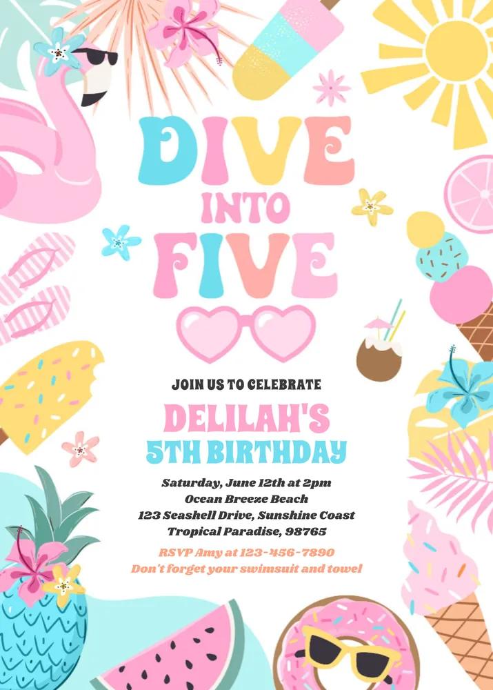 Tropical Beach 5th Birthday Invitation | Editable Canva Template