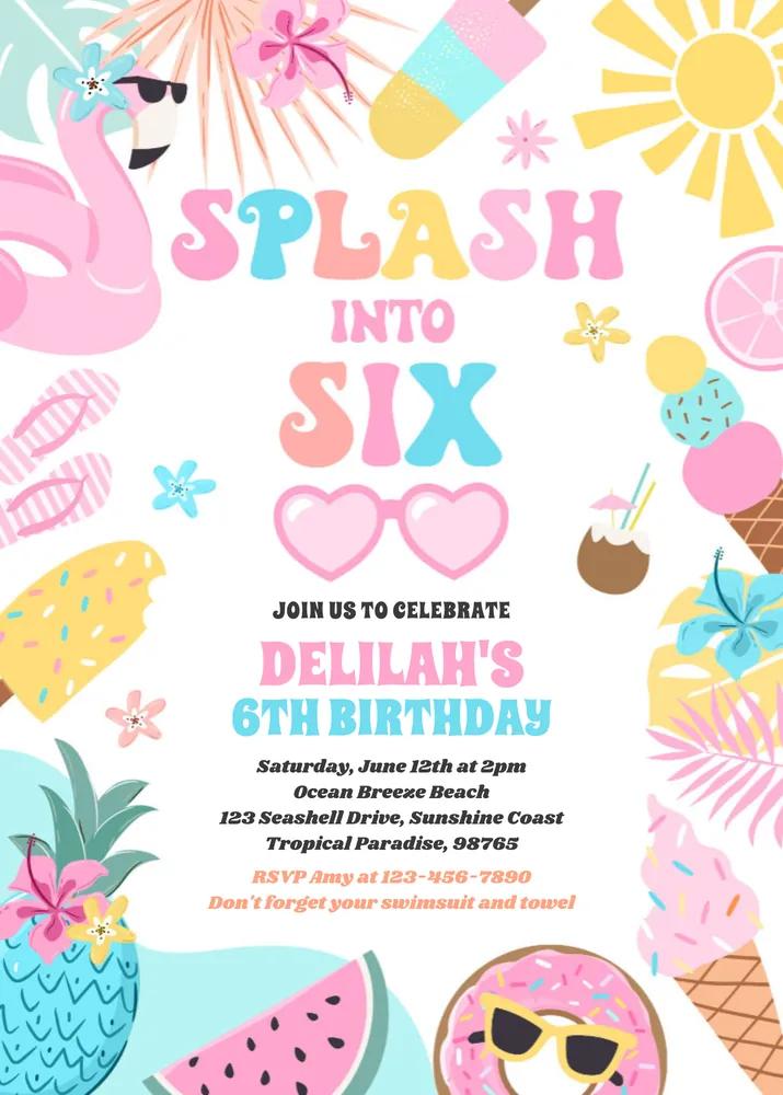 Splash Into Six Tropical Beach 6th Birthday Invitation Canva Template