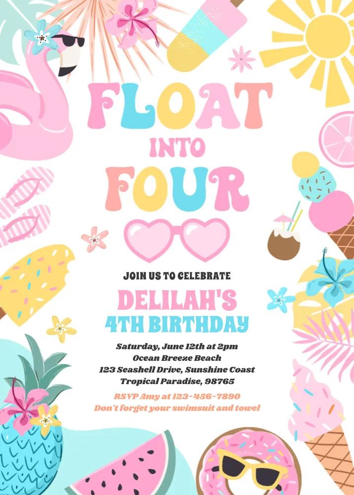 Float Into Four Tropical Beach 4th Birthday Invitation Canva Template