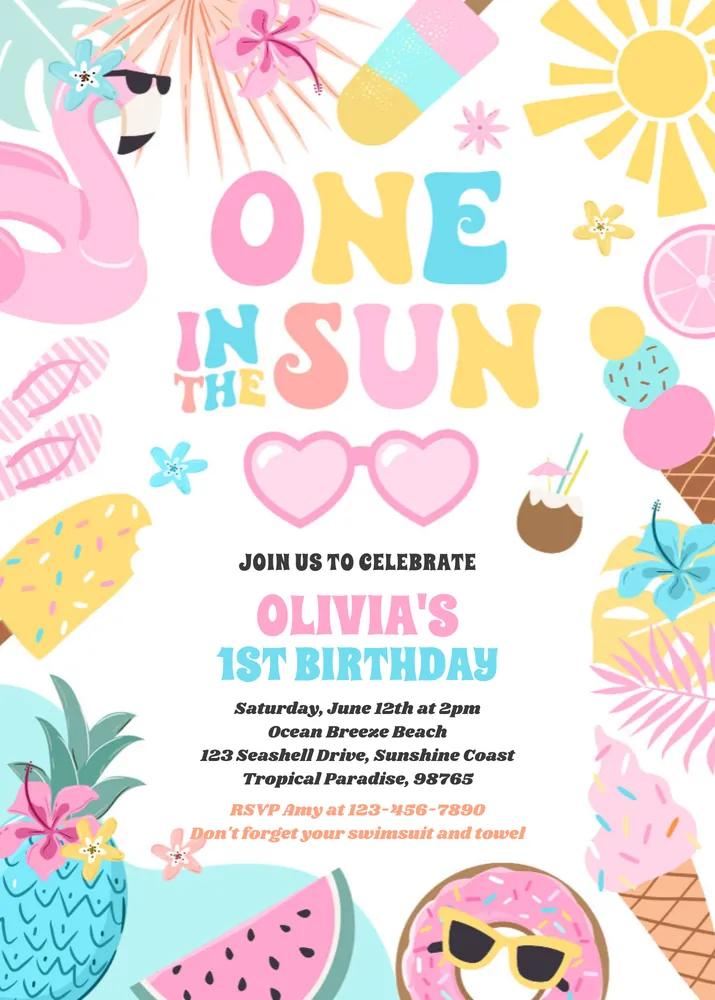 One In The Sun Tropical Beach 1st Birthday Invitation Canva Template