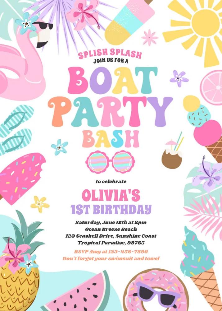 Tropical Boat Birthday Invitation Canva Template | Lake Ocean Marina Party