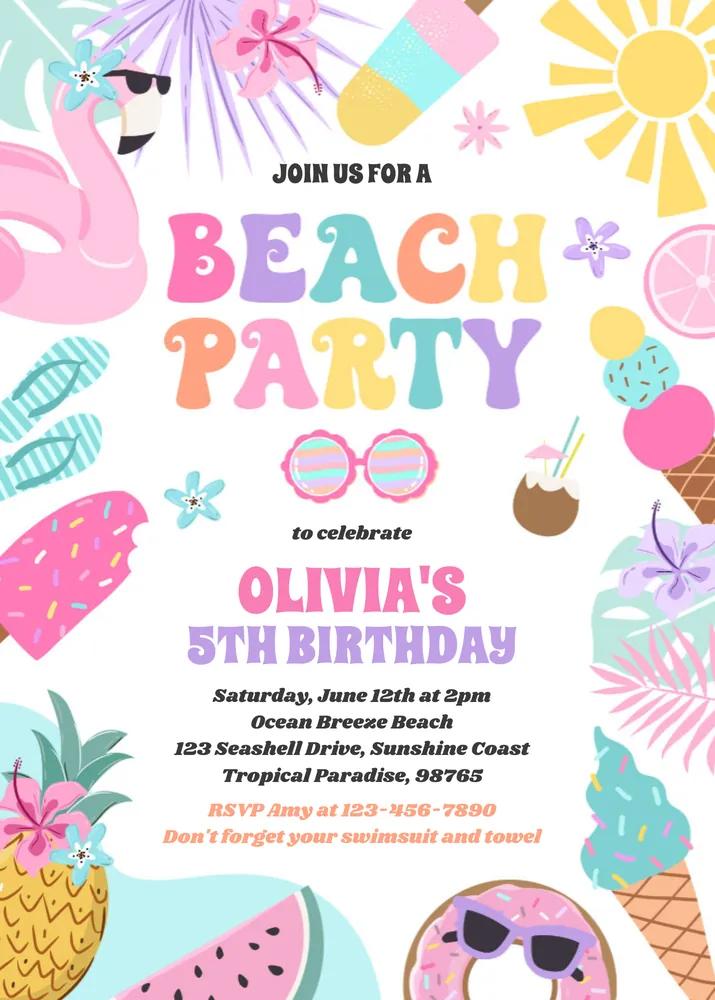Tropical Beach Birthday Invitation Canva Template - Editable Summer Ocean Party