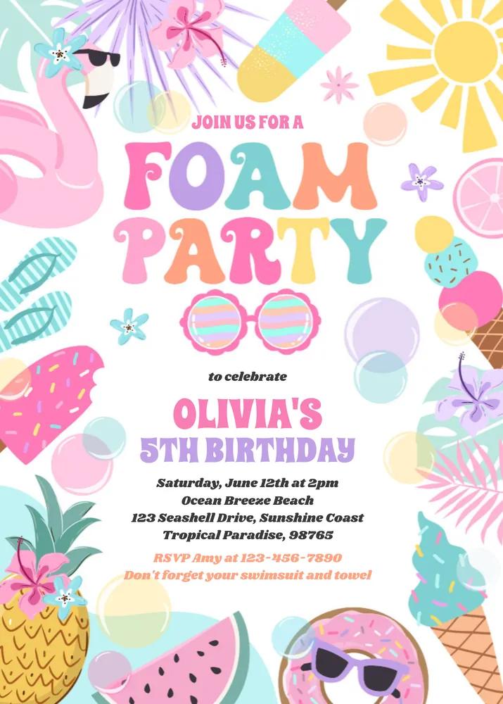 Tropical Foam Pool Splash Pad Birthday Party Invite Canva Template