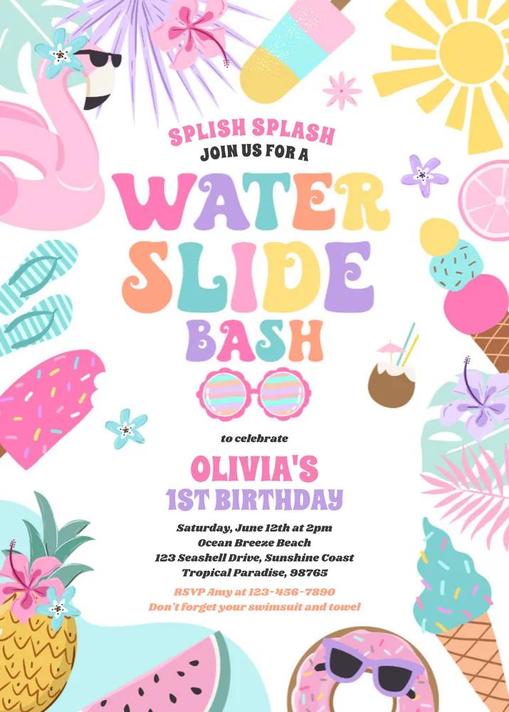 Tropical Water Slide Birthday Invitation Template - Editable Canva Design