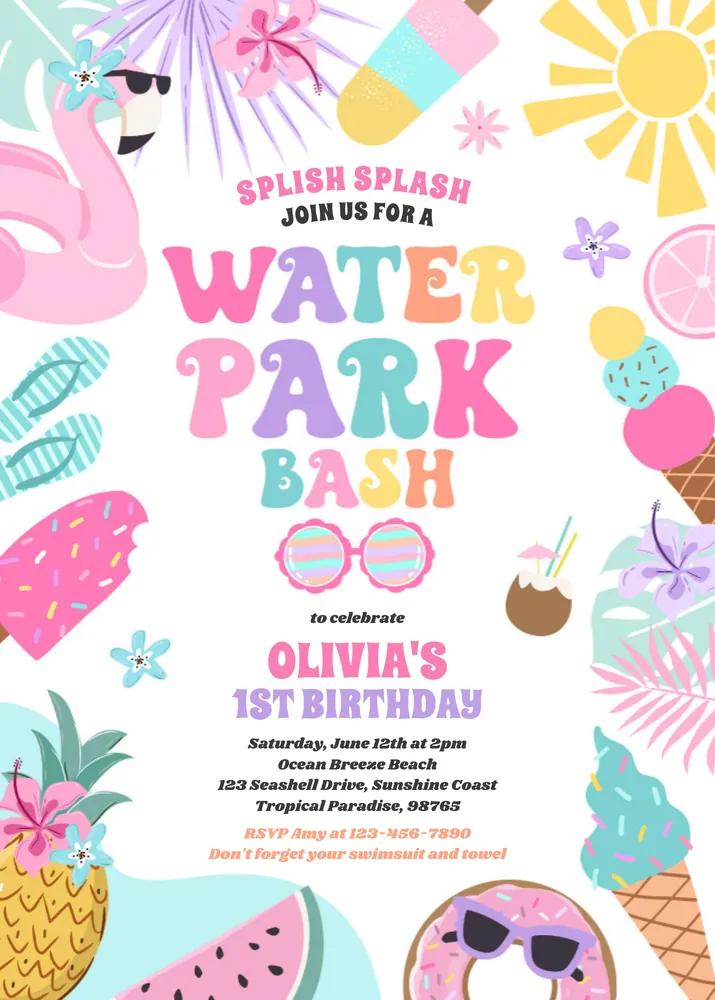 Tropical Water Park Birthday Invitation Canva Template | Summer Pool Party