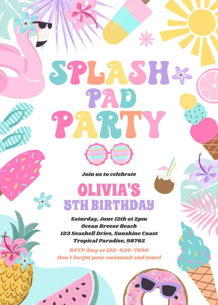 Tropical Splash Pad Summer Birthday Party Invitation - Editable Canva Template