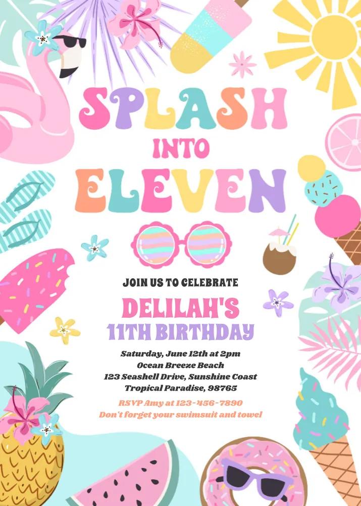 Splash Into Eleven Tropical Beach 11th Birthday Canva Invitation Template