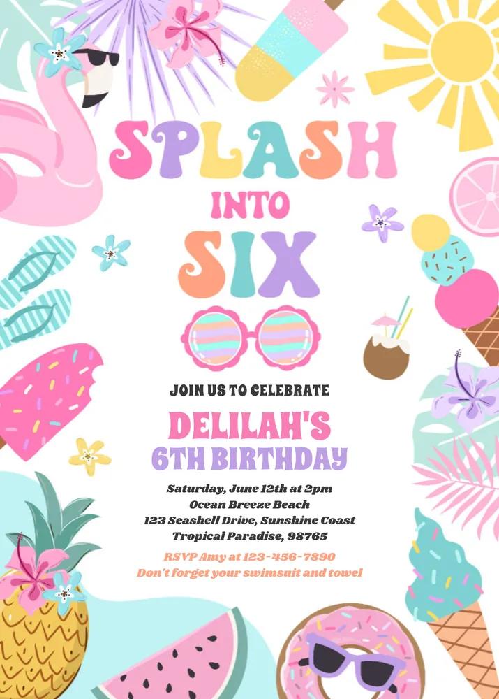 Tropical Splash 6th Birthday Invitation | Editable Canva Template Beach Theme