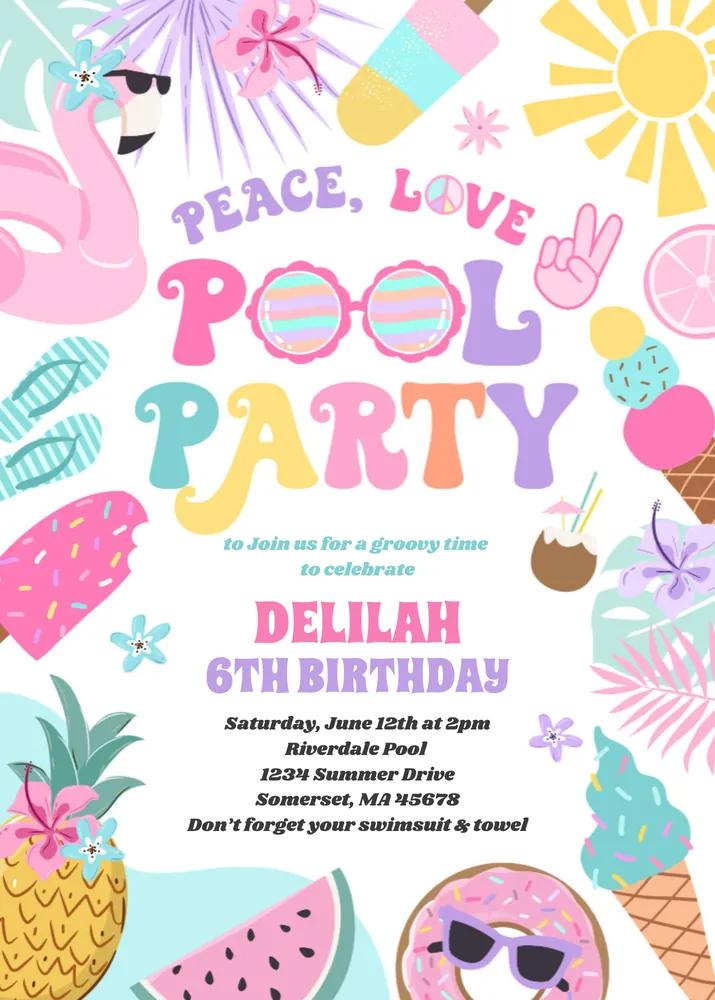 Peace Love Pool Party Invitation | Groovy Summer Birthday Canva Template