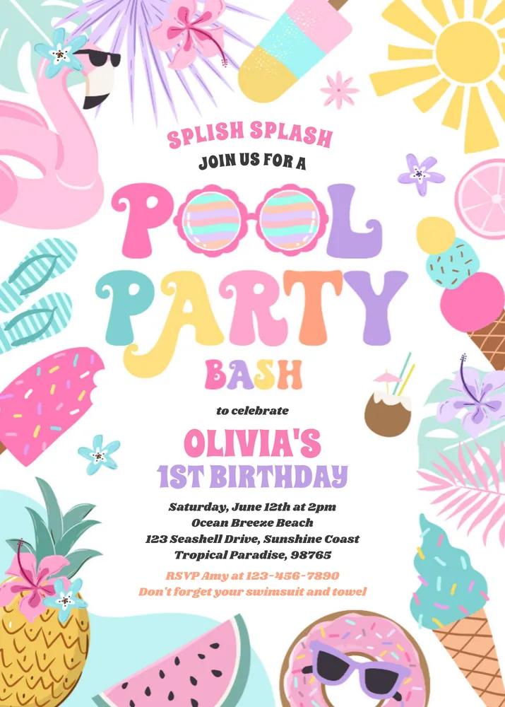 Editable Tropical Pool Party Invitation - Summer Birthday Canva Template