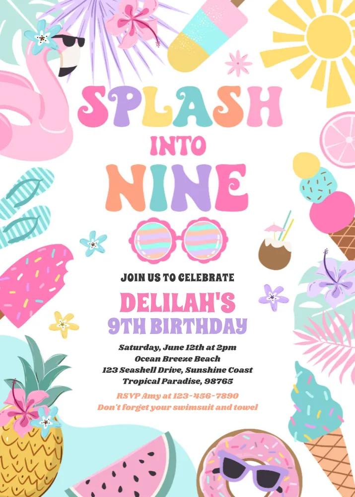 Splash Into Nine Tropical Beach 9th Birthday Invite Canva Template