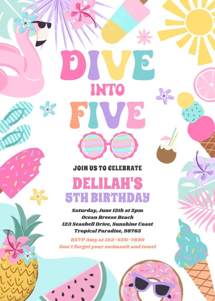 Tropical Beach 5th Birthday Invitation Template - Dive Into Five Canva