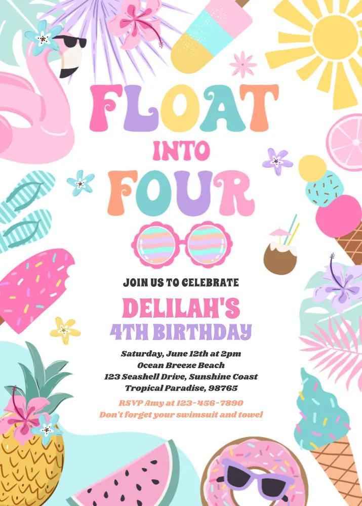 Float Into Four 4th Birthday Invitation | Tropical Beach Canva Template