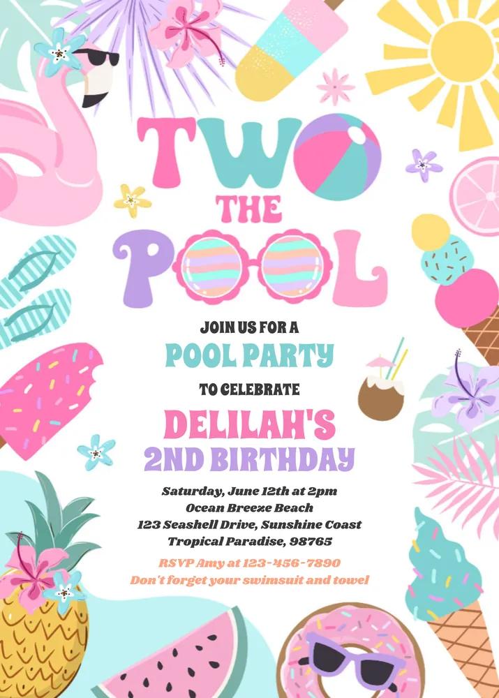 Two The Pool 2nd Birthday Invitation - Editable Canva Pool Party Template