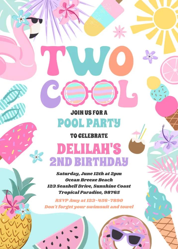 Two Cool Tropical Summer Beach 2nd Birthday Invitation Canva Template