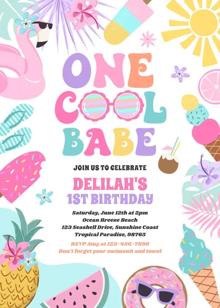 One Cool Babe Tropical Summer 1st Birthday Invitation Canva Template