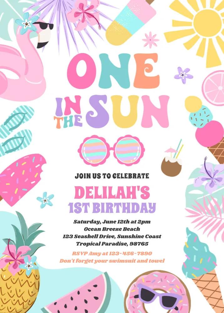 One In The Sun Tropical Beach 1st Birthday Invitation Canva Template