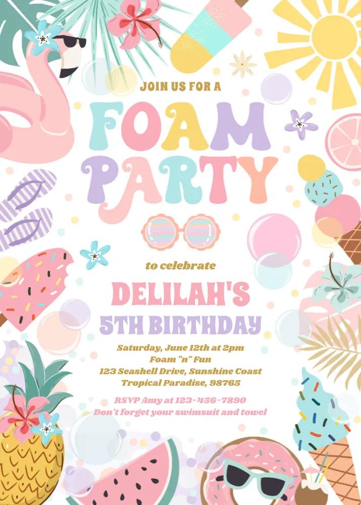 Tropical Foam Pool Splash Pad Birthday Party Invitation Canva Template