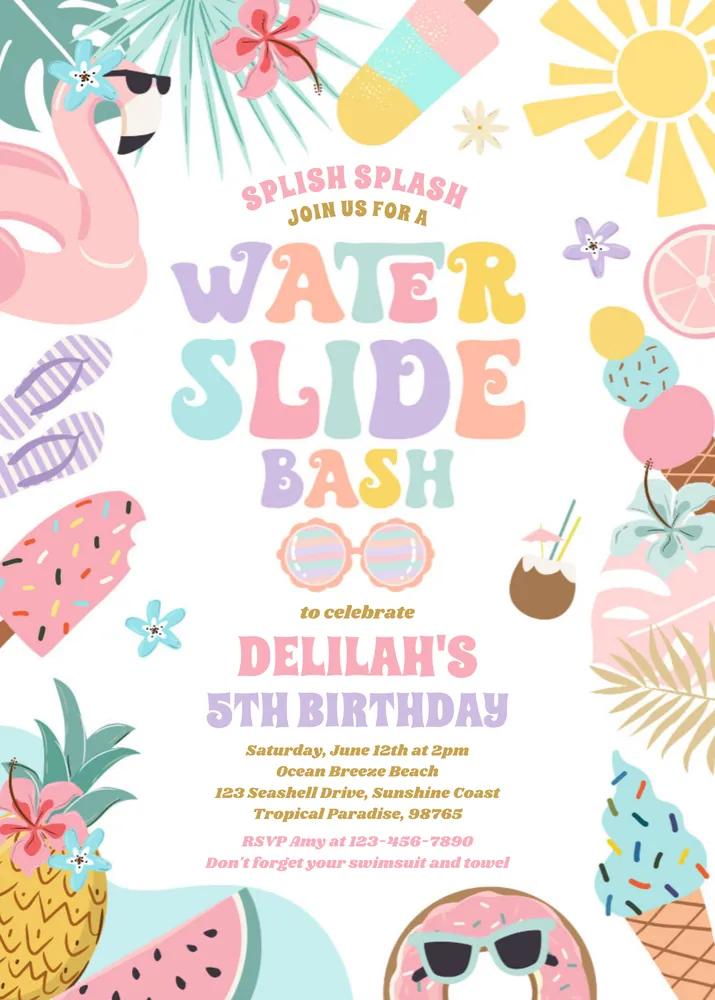 Tropical Water Slide Birthday Invitation - Editable Canva Template