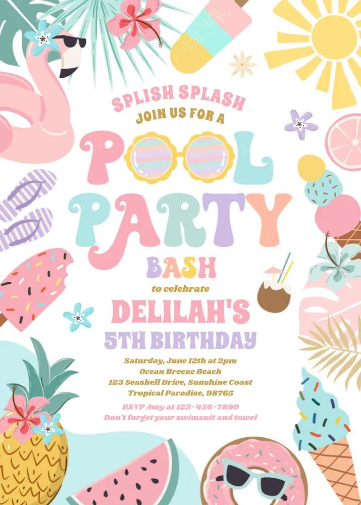 Pool Party Invitation Tropical Summer Birthday Canva Template Instant Download