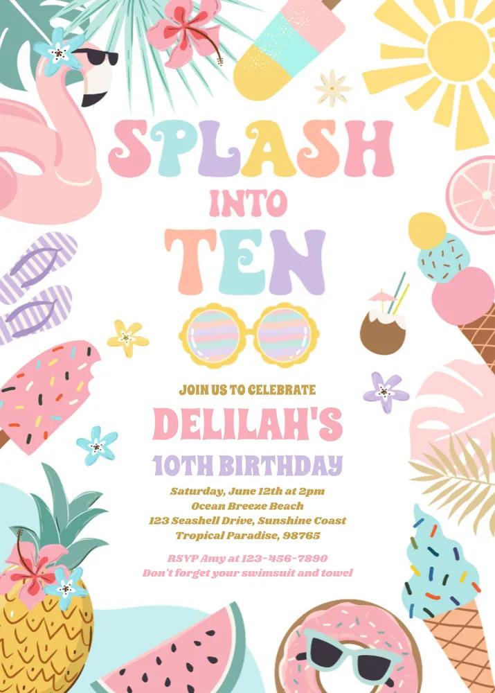 Splash Into Ten Tropical Beach 10th Birthday Invitation Canva Template