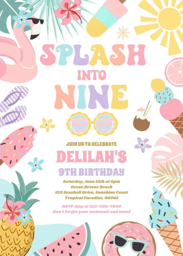 Splash Into Nine | Tropical Beach 9th Birthday Invitation Canva Template