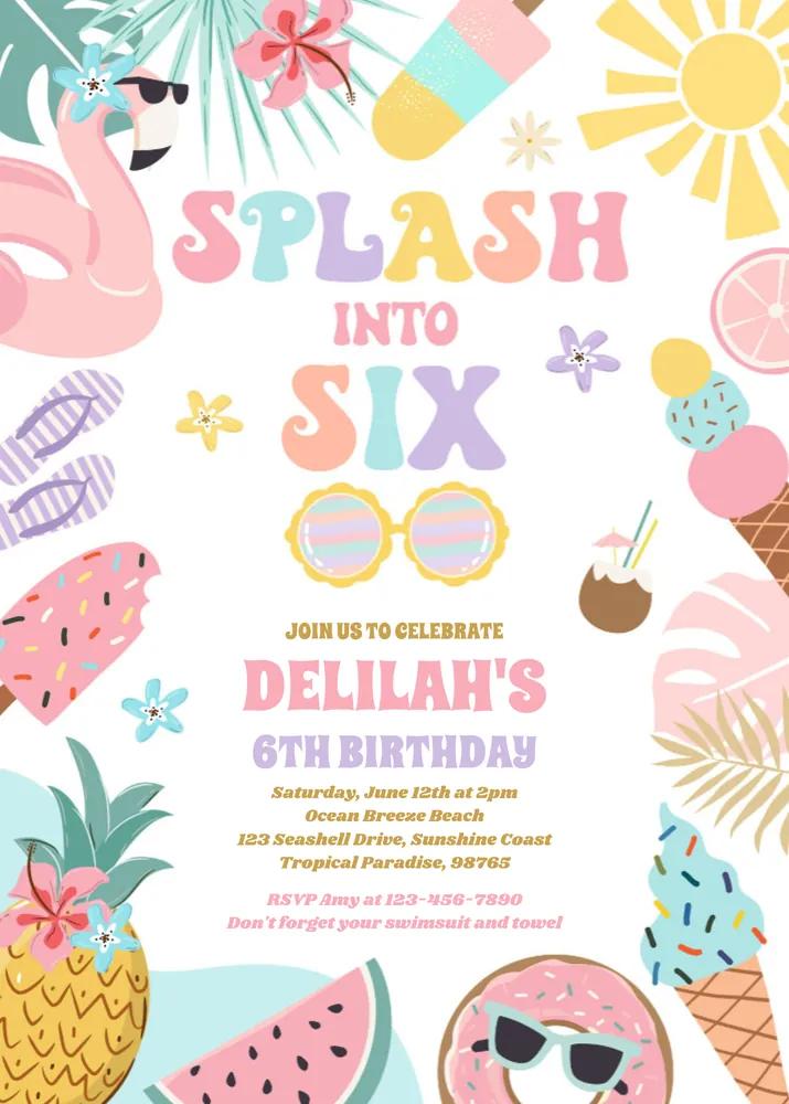 Tropical Splash 6th Birthday Invitation - Editable Canva Template Beach Party