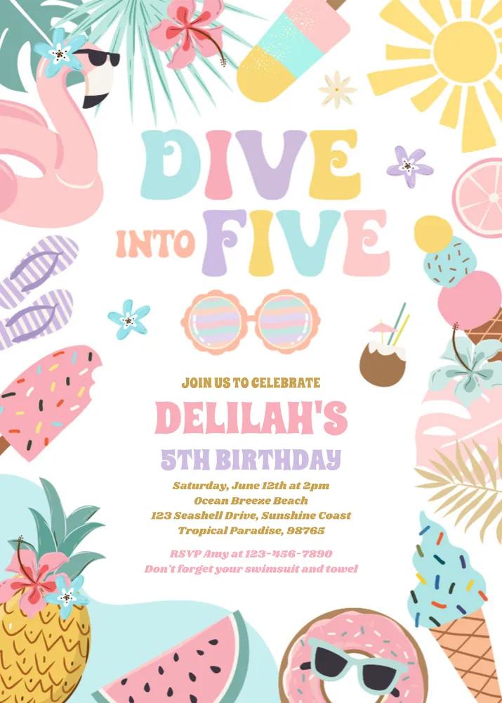 Dive Into Five 5th Birthday Invitation - Tropical Beach Canva Template