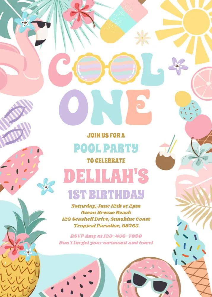 Cool One Tropical Summer Beach 1st Birthday Invitation Canva Template