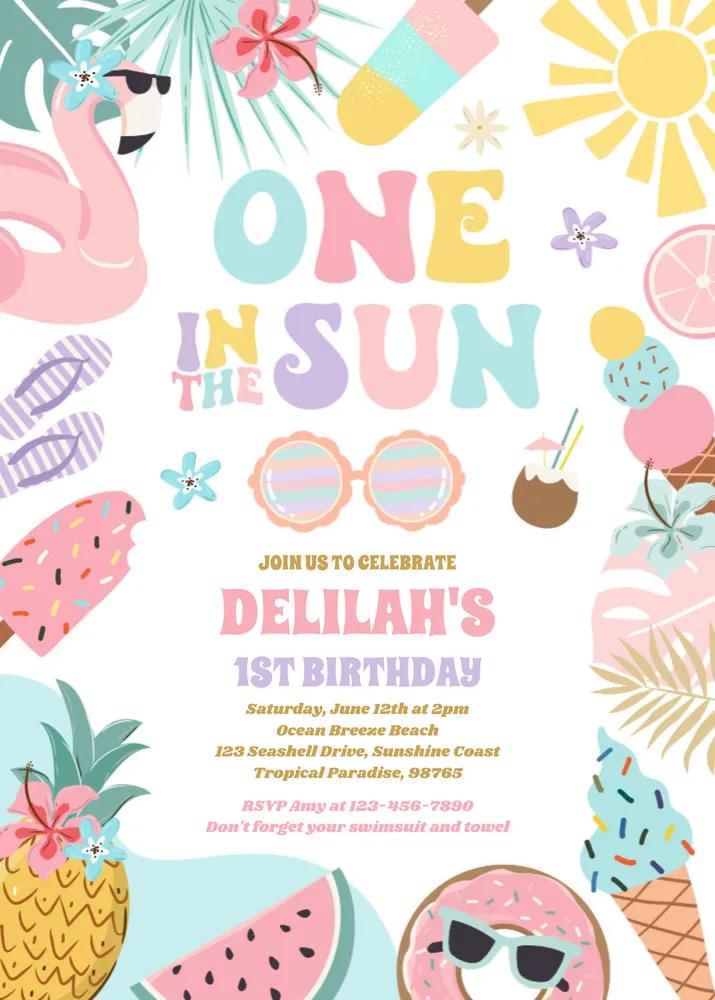 One In The Sun Tropical Beach 1st Birthday Invitation Canva Template